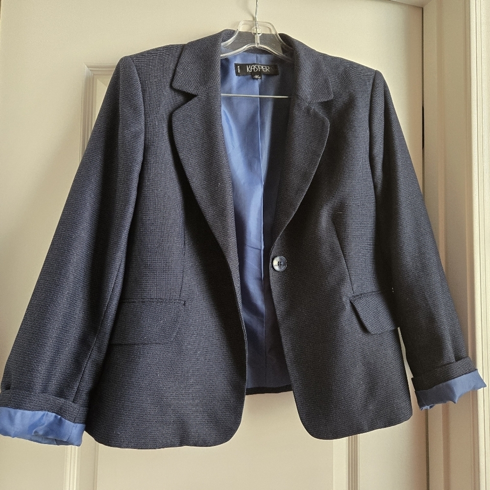 Kasper Sz 10 Petite Blazer Jacket Polyester Rayon Fully Lined Blue  Buttons